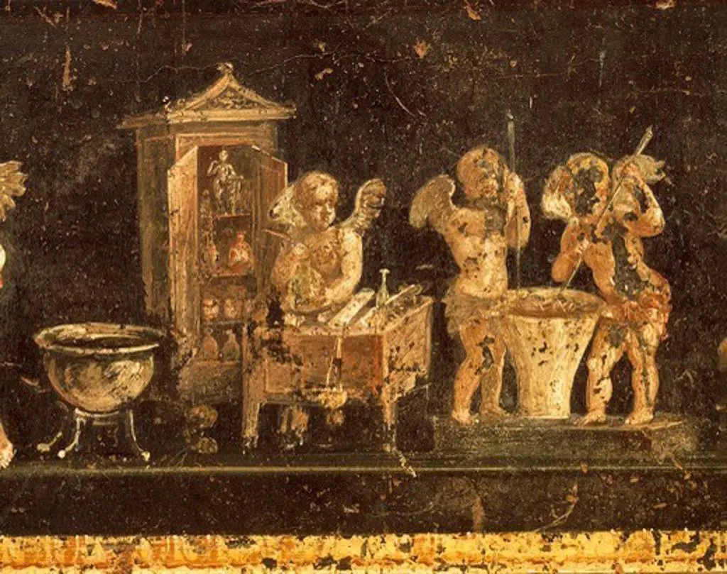 Fresco from the House of the Vettii, Pompeii (UNESCO World Heritage List, 1997), Campania. Roman Civilization, 1st Century.