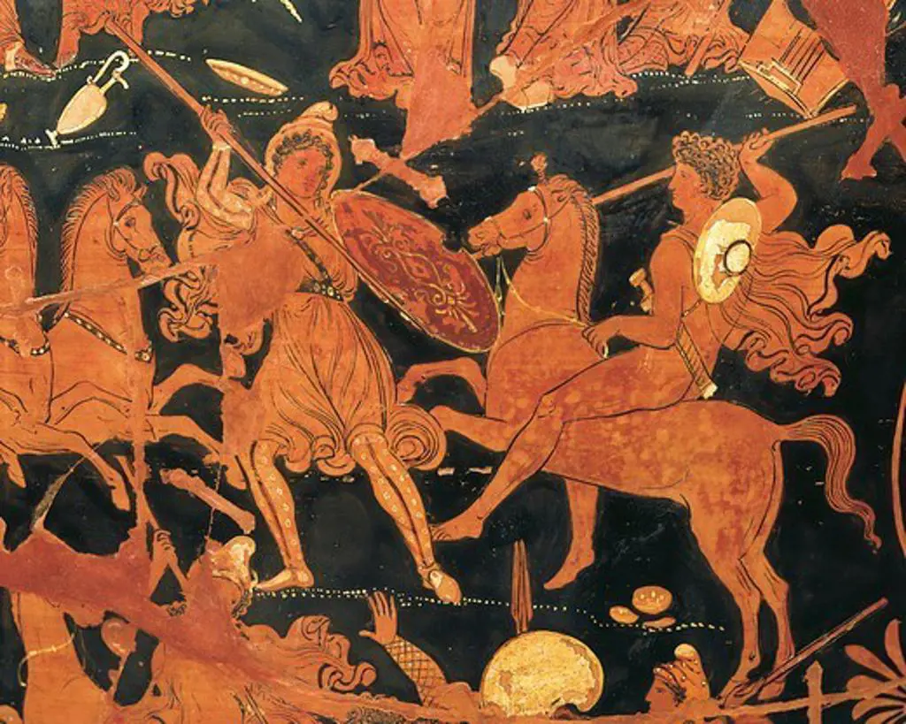 Attic vase with a scene of Amazons, red-figure pottery, Italy. Detail. Greek pottery, 4th Century BC.