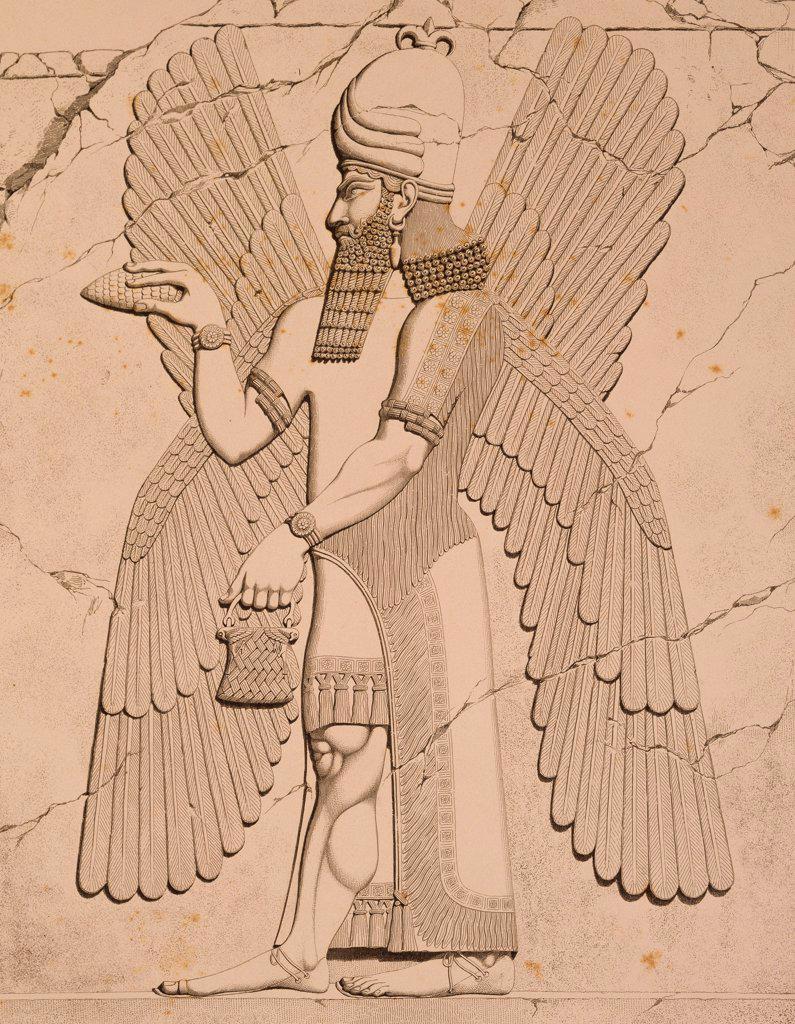 Relief depicting a winged man, drawing by Eugene Flandin from Monuments of Nineveh by Paul-Emile Botta, 1849. Assyrian civilisation.