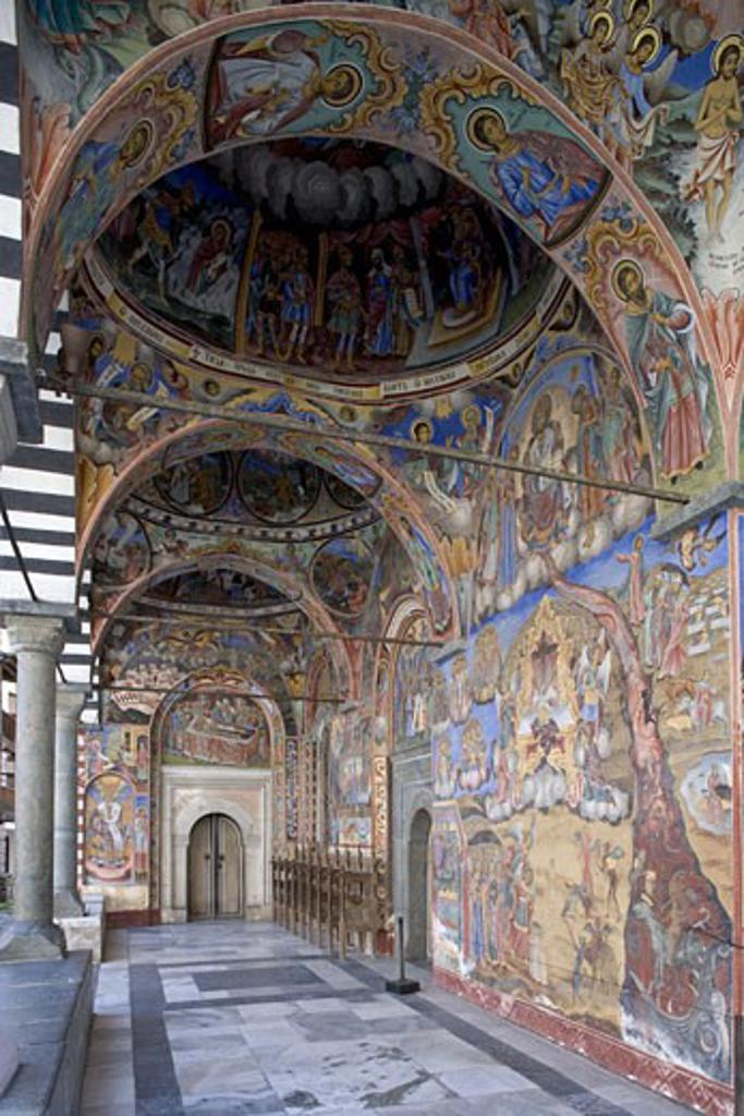 Bulgaria - Rila Monastery. Rebuilt 1816-1847. UNESCO World Heritage List, 1983. Church of 'the Nativity of the Virgin', 1835. Painted narthex walls