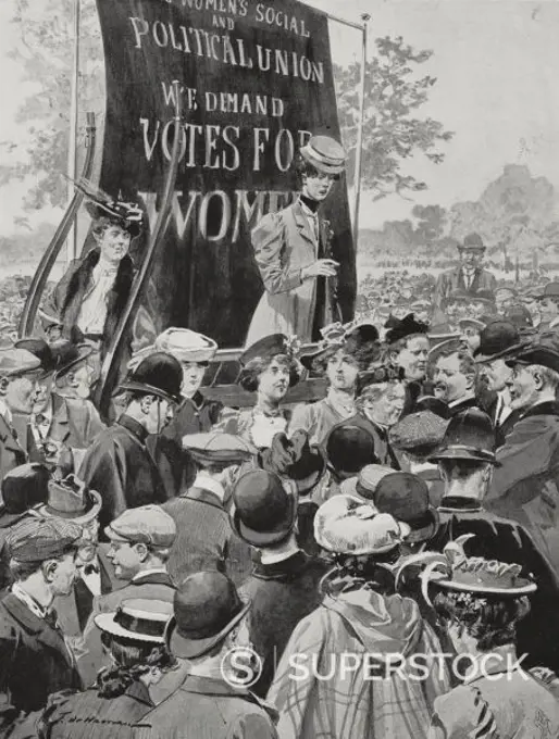 Suffragette demonstration in Hyde Park, London, England, drawing by F de Haenen from L'Illustration, No 3324, November 10, 1906.
