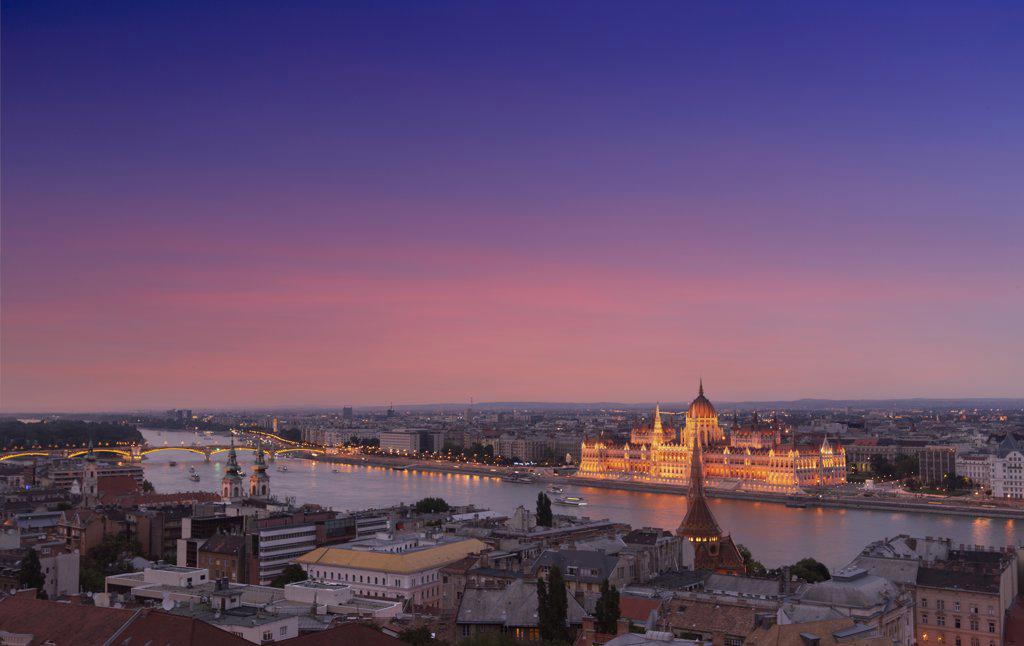 Hungary, Budapest, Cityscape with Hungarian Parliament at sunset