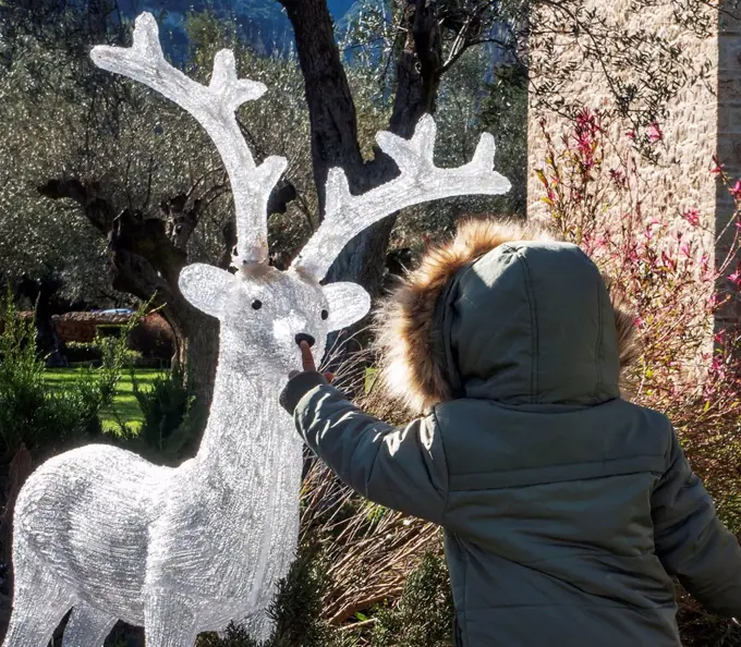 Boy touching artificial reindeer nose