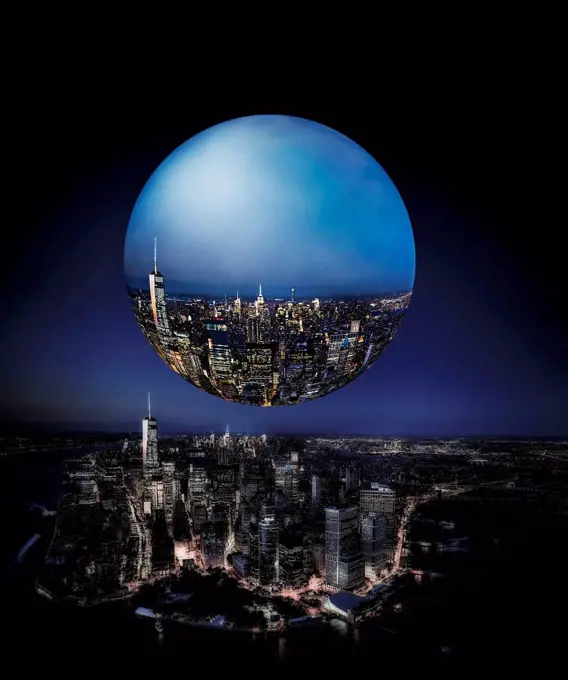Large bubble over city reflection