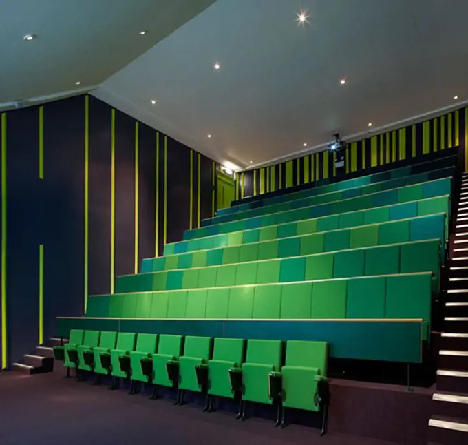 Wolfson and Weston Centre for Family Health, London, United Kingdom, Sheppard Robson, Wolfson and weston centre for family health lecture theatre with stepped folding seats and screen.