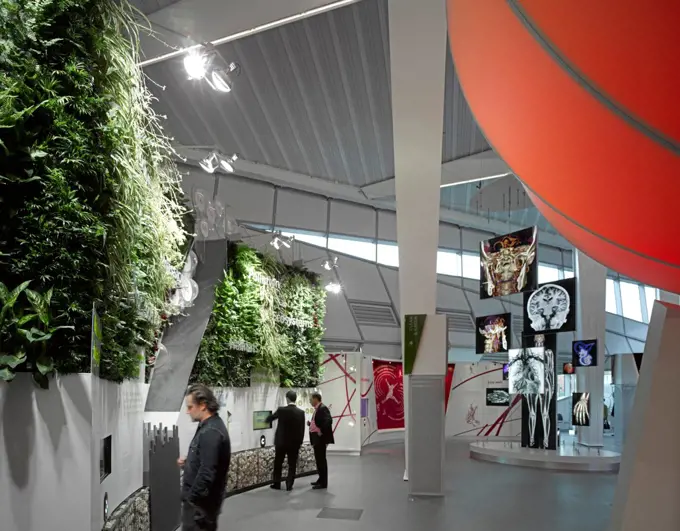 Siemens Urban Sustainability Centre - The Crystal, London, United Kingdom. Architect: Wilkinson Eyre Architects, 2012. Interior View Showing Sustainability Exhibition.