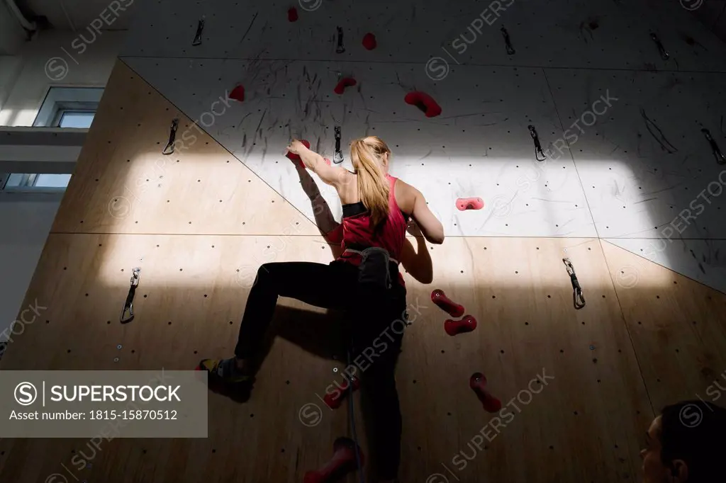 Woman climbing on the wall in climbing gym with sunlight and shadow