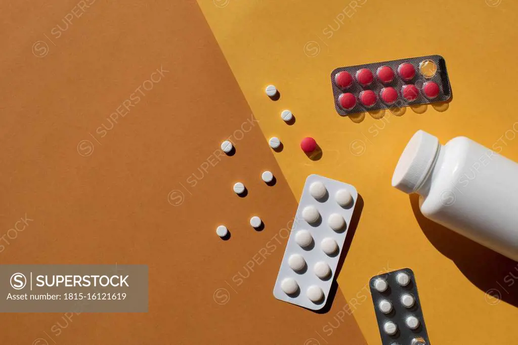 Studio shot of pills blister packs and pill bottle