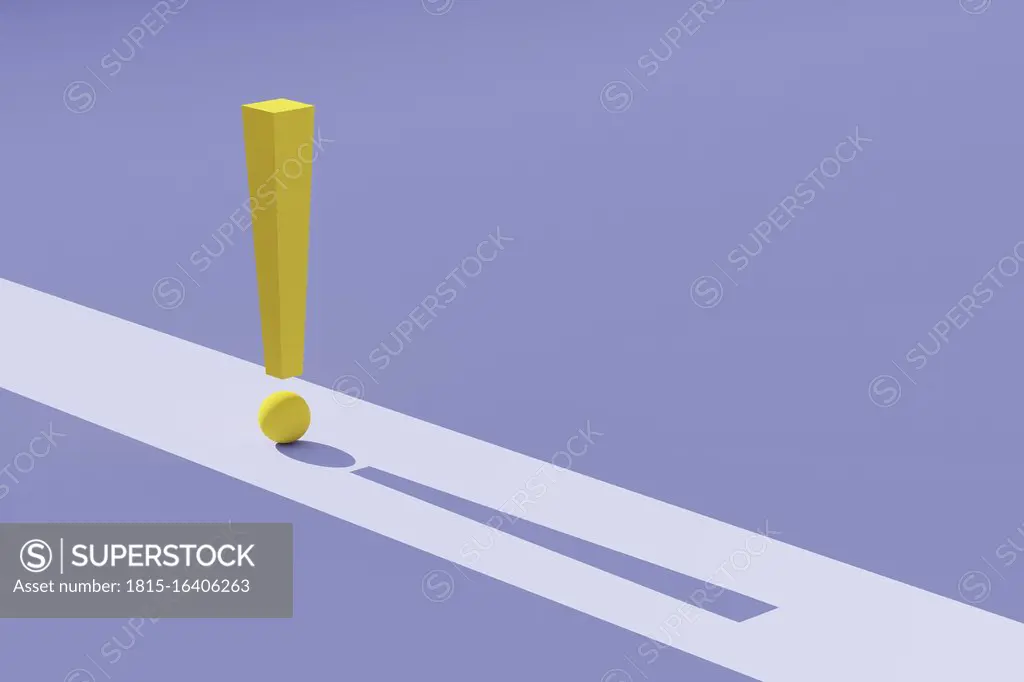 Three dimensional render of yellow exclamation point against purple background