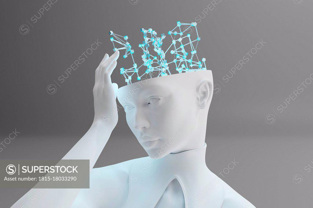 Stock Photo: 1815-18033290 Three dimensional render of¶ÿgynoid¶ÿtouching digital brain representing machine learning and artificial intelligence