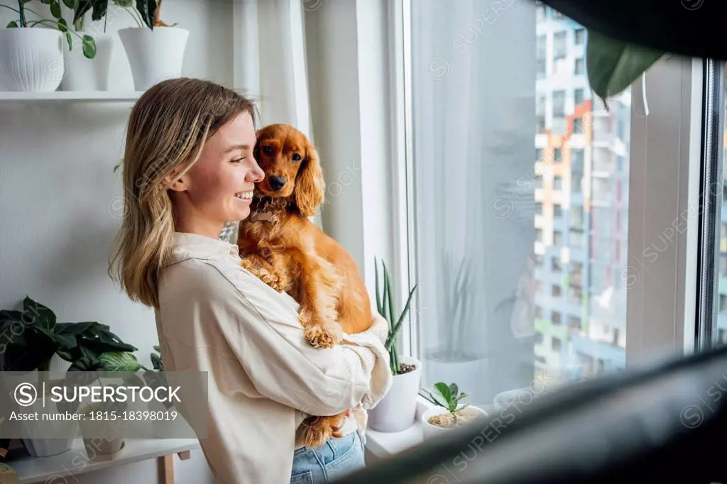 Smiling young woman carrying Cocker Spaniel dog while looking through window at home