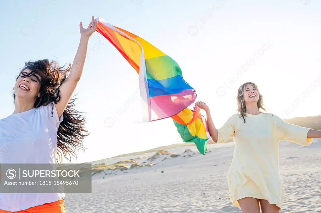 Cheerful young women holding rainbow flag while waking at beach