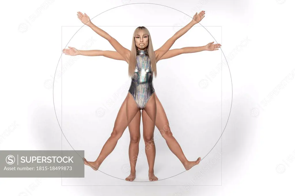 pustes op pension lejlighed Robot woman in Vitruvian position over white background - SuperStock