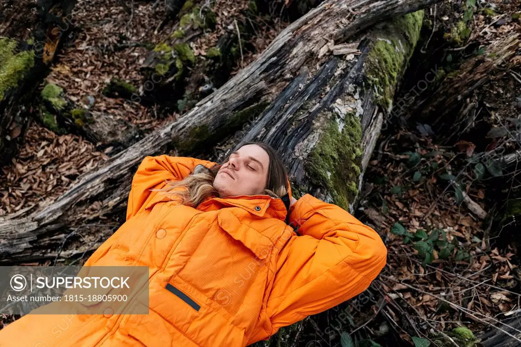 Hiker relaxing on fallen moss covered tree in forest