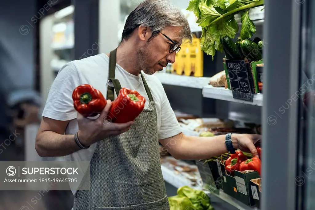 Store owner arranging red bell pepper in rack at organic market