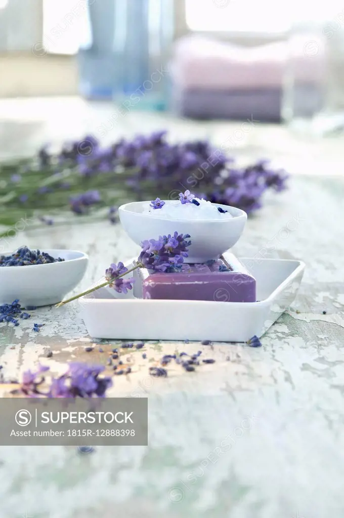 Lavender and lavender soap in bowl