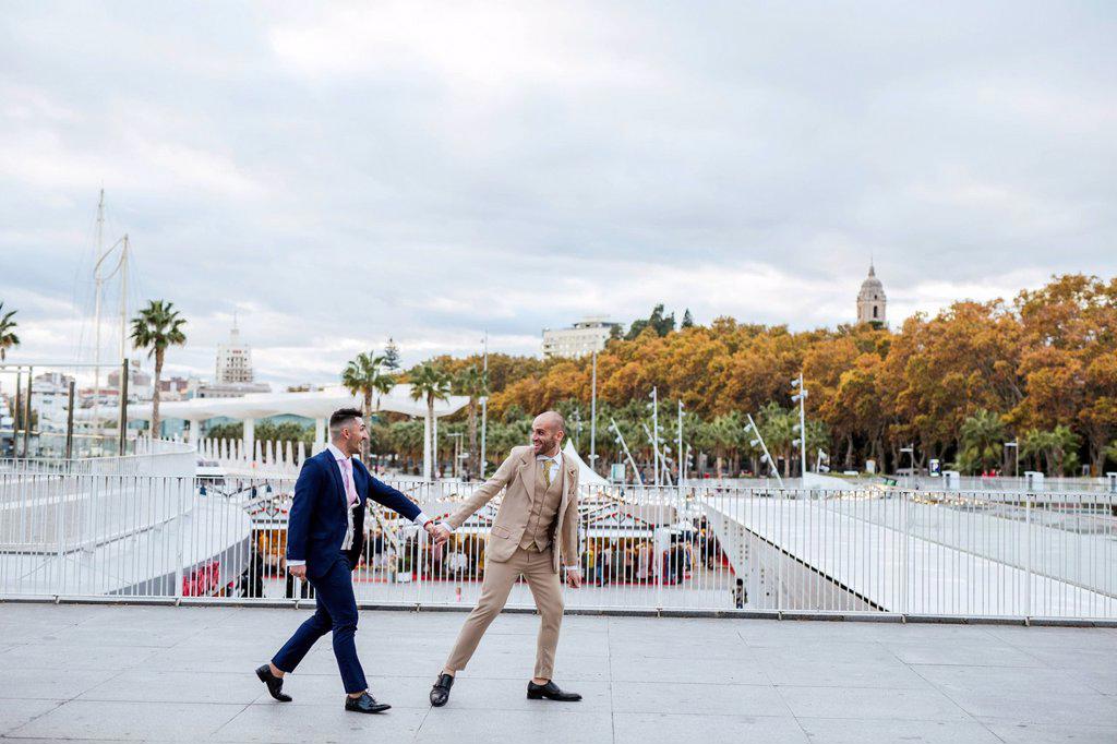 Elegant gay couple walking hand in hand on promenade, Malaga, Spain