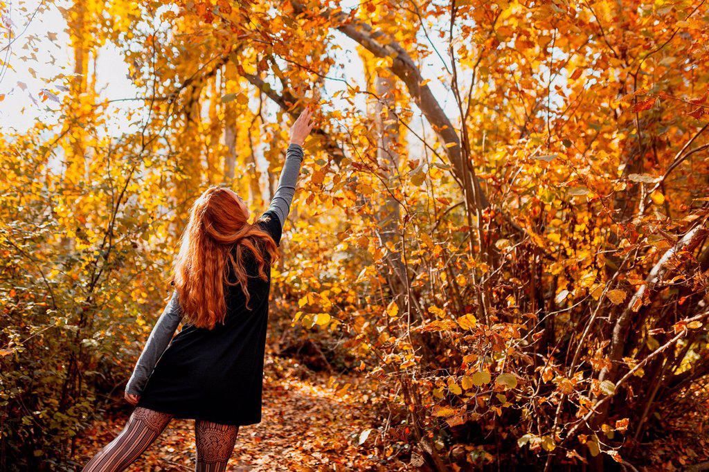 Woman stretching hand while standing in forest during autumn