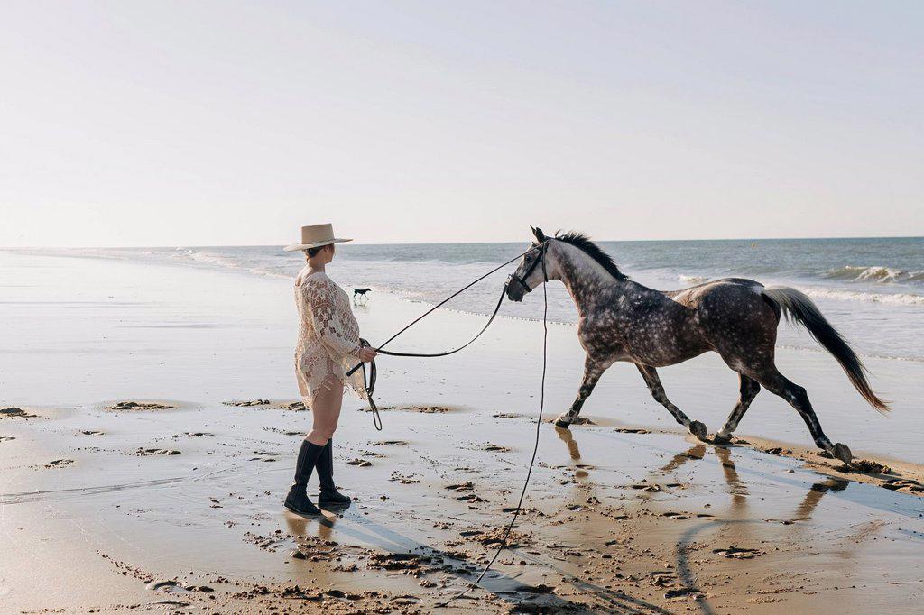 Pregnant woman with horse on wet beach