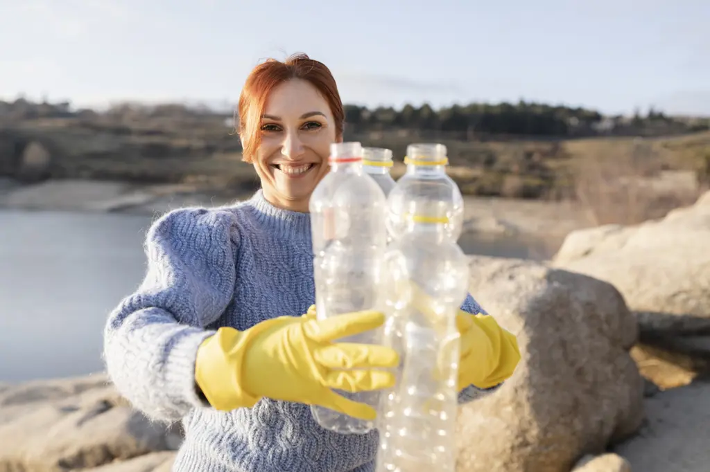 Smiling environmentalist showing plastic bottles at beach
