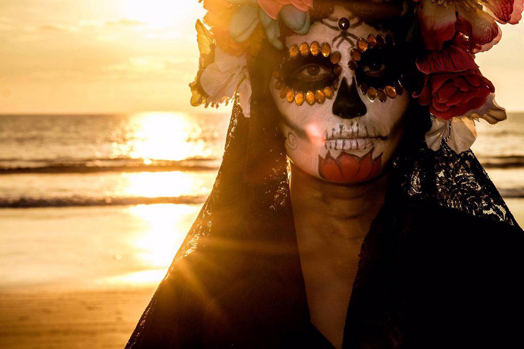 Mexico, Riviera Nayarit, female skeleton figure symbolizing the celebration of death on Dia de Los Muertos