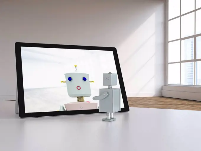 3D rendering, Robot couple having a video chat in modern loft