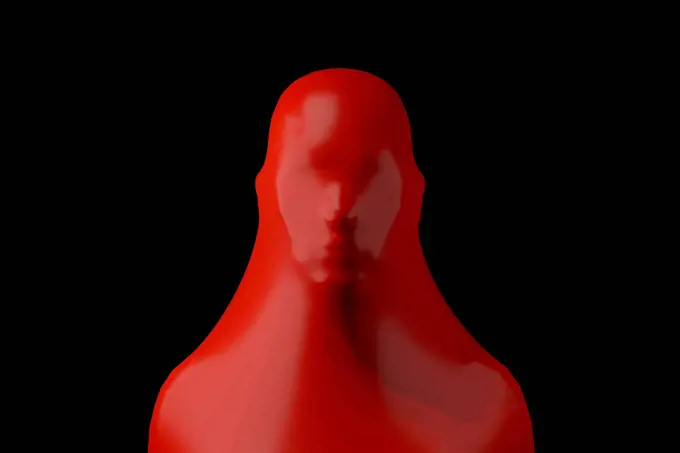 Three dimensional render of human head wrapped in red plastic foil