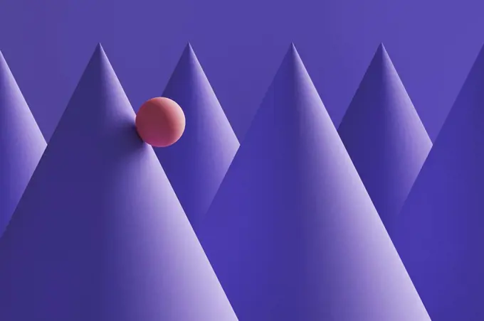 Three dimensional render of orange sphere rolling down purple cones