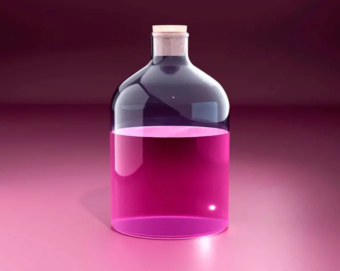 Three dimensional render of large bottle with pink colored liquid