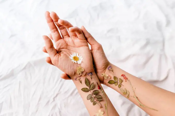 Flowers arranged on woman's hands