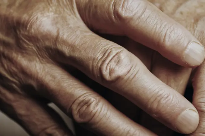 Wrinkled hands of senior man
