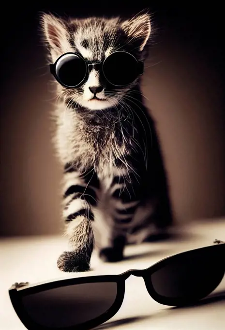 Cute kitten wearing black sunglasses in front of wall
