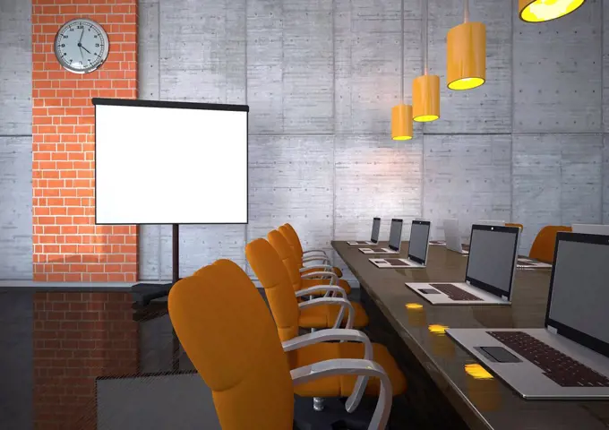 3d illustration, Training room with notebooks and flipchart