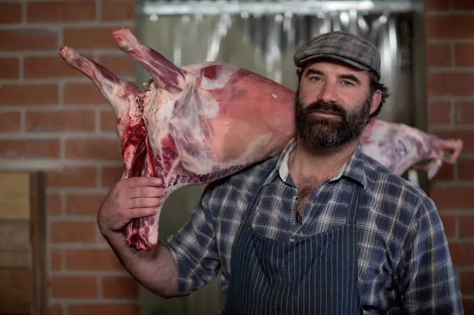 Butcher carrying carcass in butchery