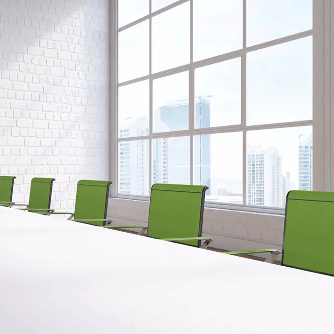 Empty conference room with view at skyscrapers, 3D Rendering