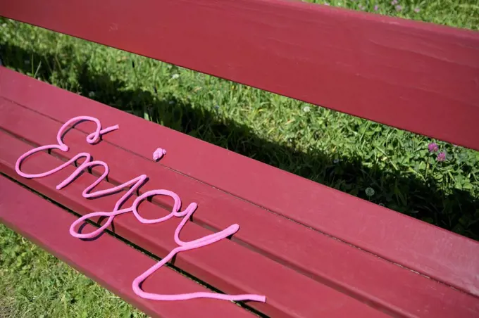 Word enjoy on a bench