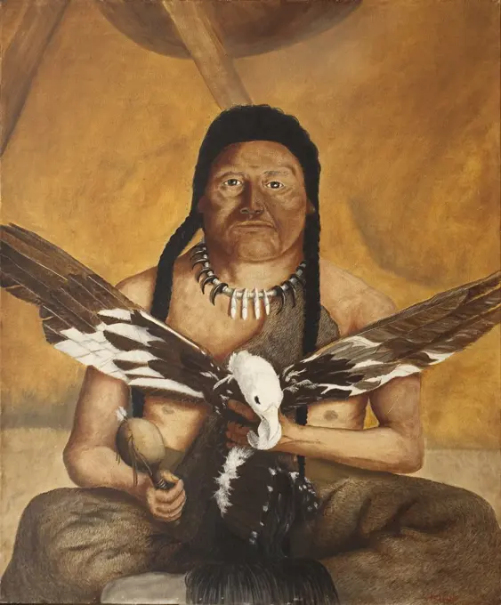 Native American Portrait with Eagle and Rattle, 1993, Jerome Kleine, (b.20th. C/American), Oil
