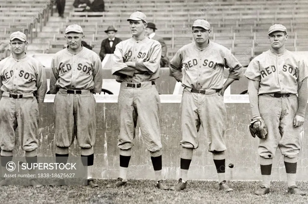 George "Rube" Foster, Carl Mays, Ernie Shore, George Herman "Babe" Ruth, Hubert Benjamin "Dutch" Leonard, full-length Portrait in Boston Red Sox Baseball Uniforms, Underwood & Underwood, 1915