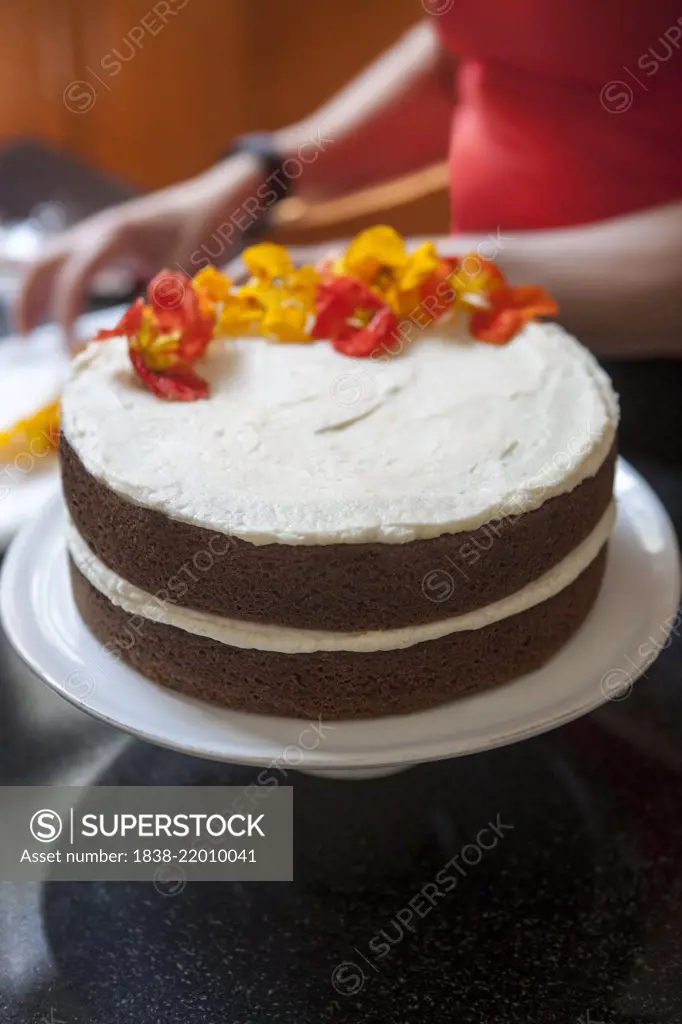 Edible Flowers on Two-Layer Spice Cake with Buttercream Icing