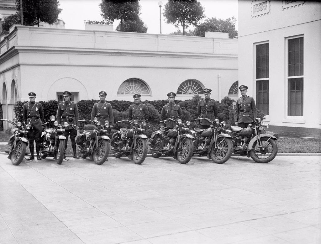 Policeman and Motorcycles at White House, Washington DC, USA, Harris & Ewing, May 1930