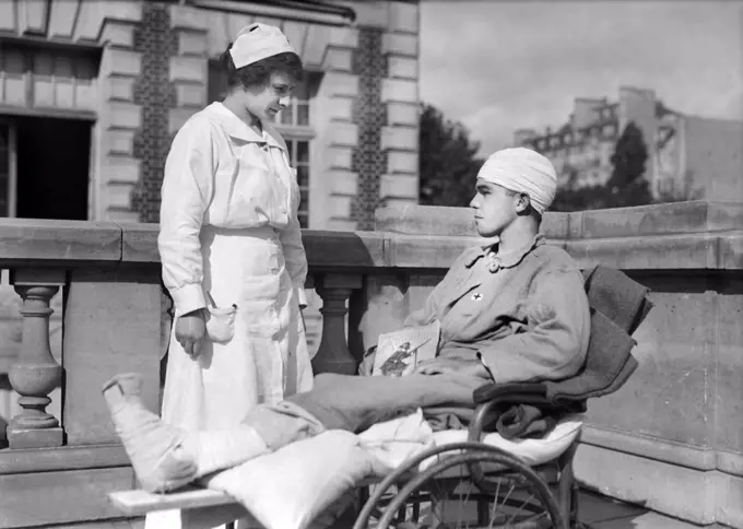 American Nurse and injured Soldier at American Military Hospital No. 1, Neuilly, France, Lewis Wickes Hine, American National Red Cross Photograph Collection, September 1918