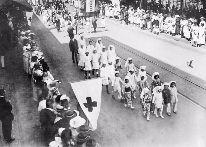 Young Chinese and Japanese Children in Junior Division American Red Cross Parade, Honolulu, Hawaii, American National Red Cross Collection, 1919