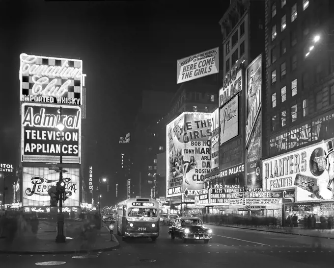 Times Square at Night, New York City, New York, USA, Gottscho-Schleisner Collection, December 1953