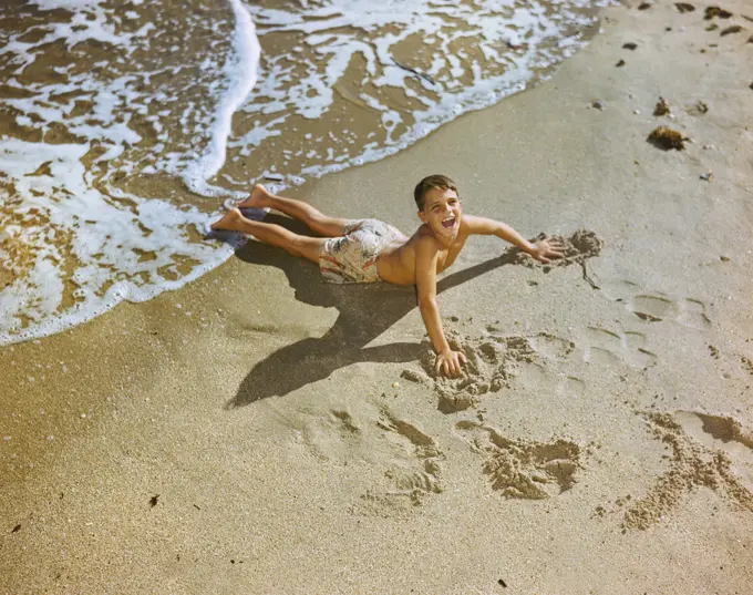 High Angle View of Young Boy on Beach, Delray Beach, Florida, USA, Toni Frissell Collection, 1947