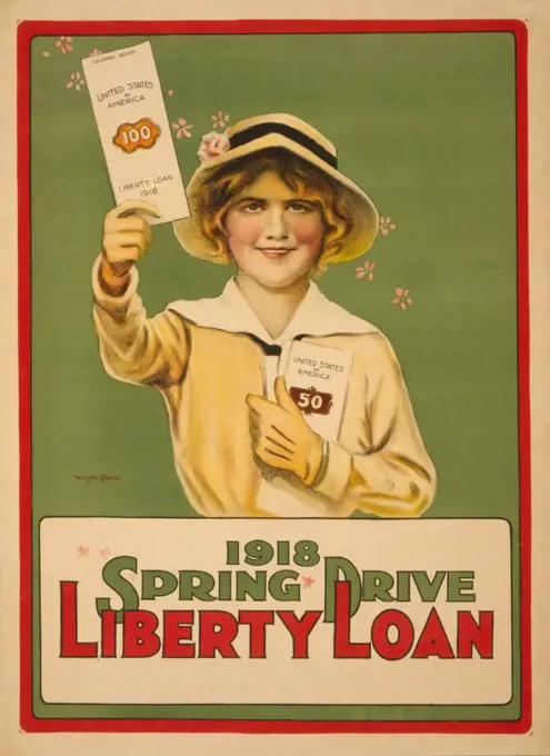 Girl Holding up Liberty Loan Bond, "1918 Spring Drive Liberty Loan", World War I Poster, USA, 1917