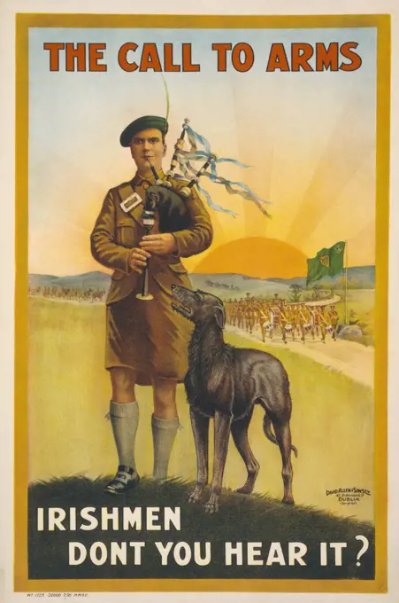 Soldier Playing Bagpipes, "The Call to Arms, Irishmen Don't you Hear it?", World War I Recruitment Poster, United Kingdom, 1915