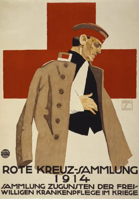 Wounded German Soldier against Large Red Cross, World War I Red Cross Poster, Germany, 1914
