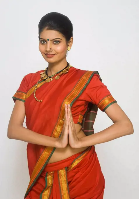 Portrait of a Maharashtrian woman greeting in prayer position