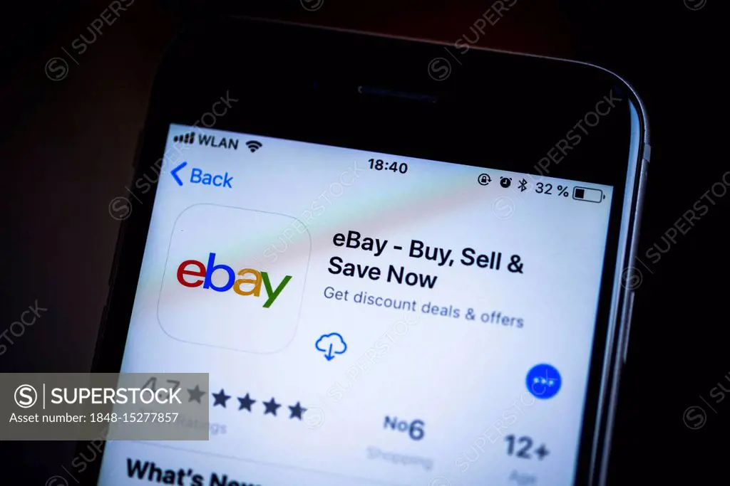 EBay app in the Apple App Store, app icon, display, iPhone, iOS, smartphone, display, screenshot, close-up, detail, full size, detail