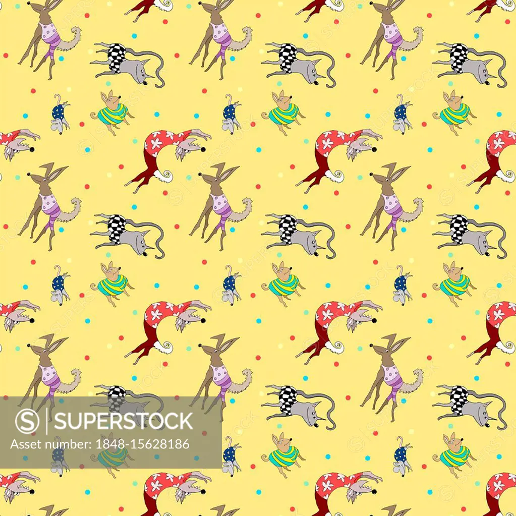 Wallpaper, wrapping paper, seamless pattern, crazy animals, dog, cat, mouse  with clothes, background yellow, Germany, Europe - SuperStock